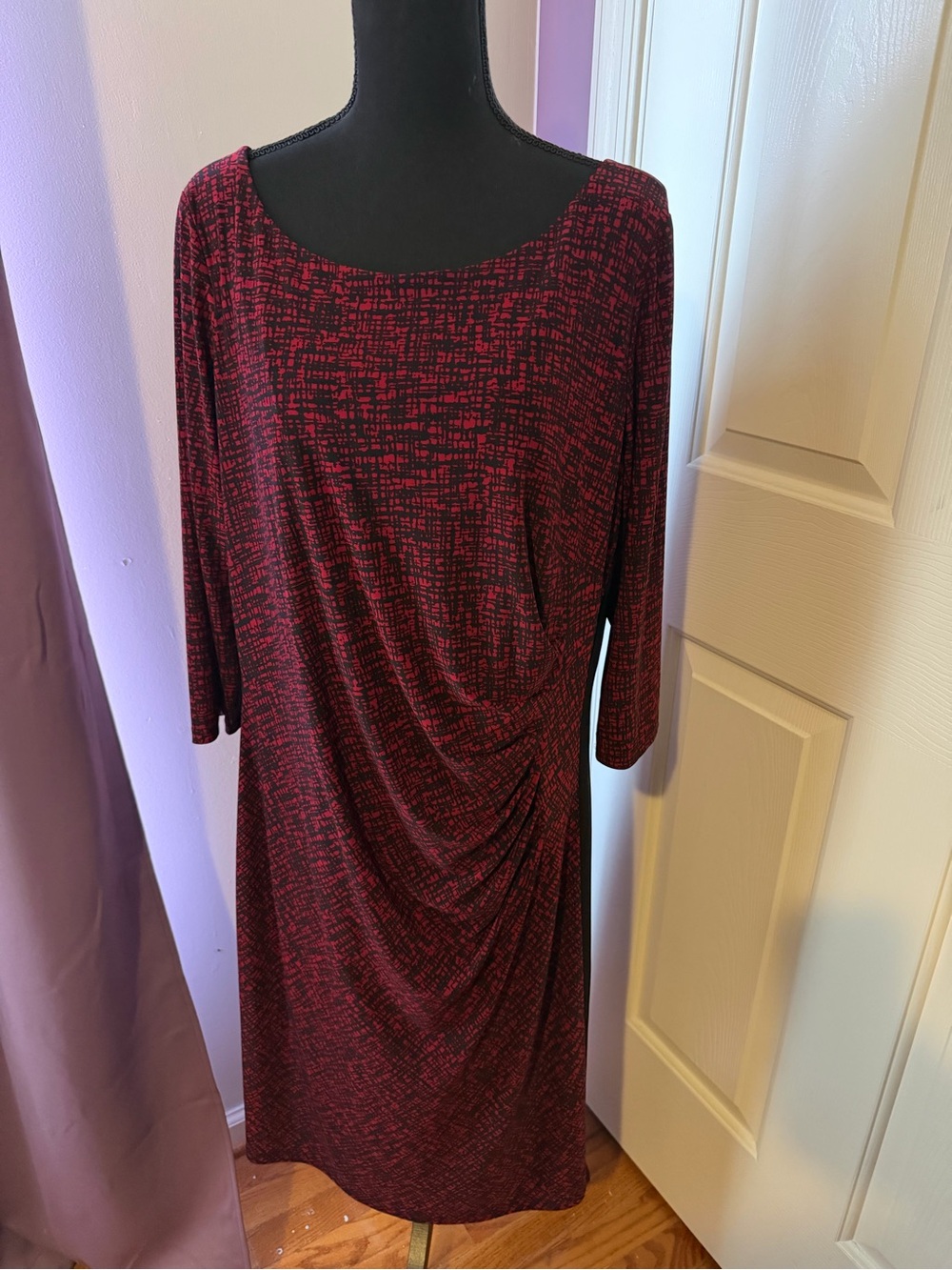 Lauren Ralph Lauren Red Black Geometric Ruched Dress 16W